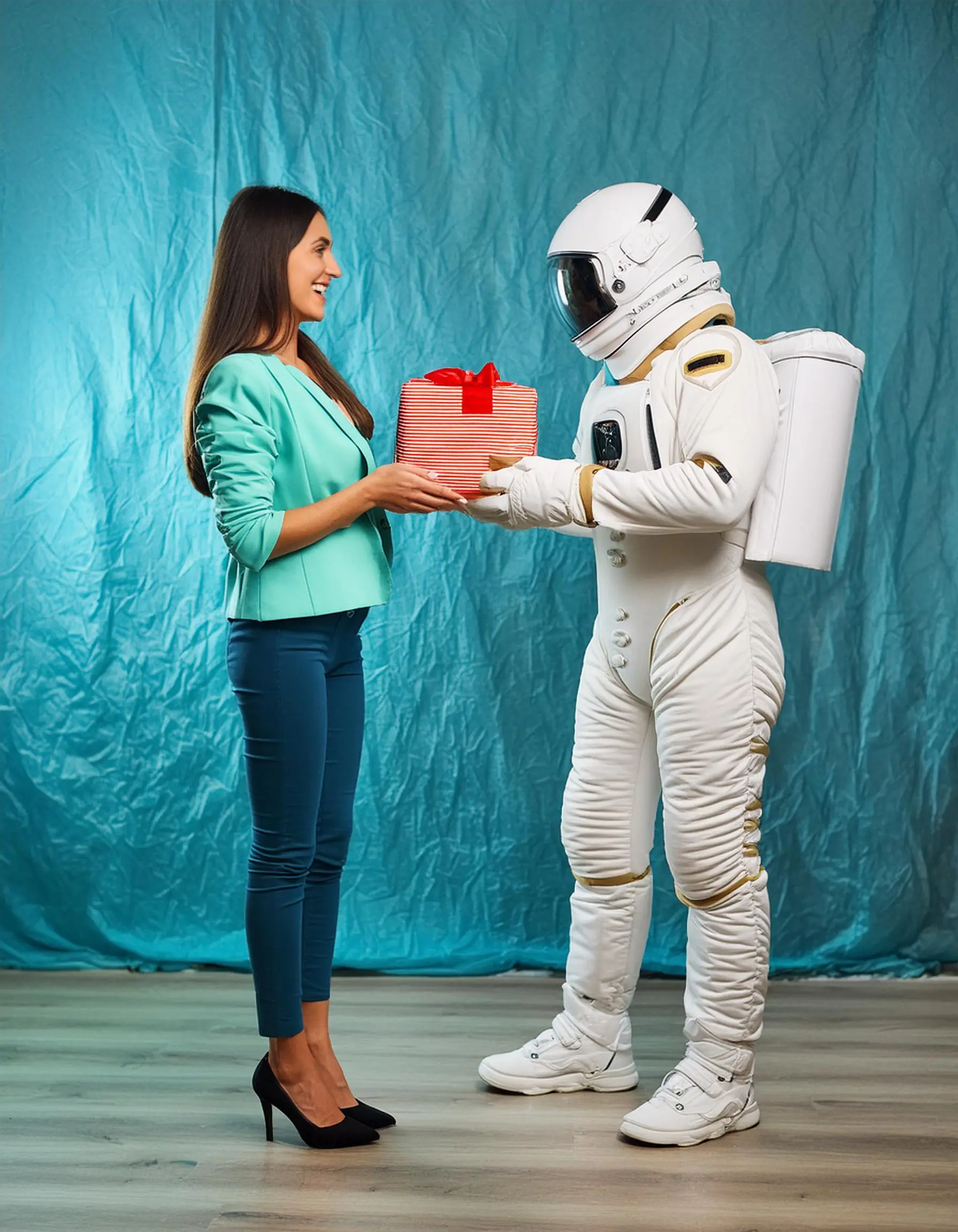 image d'un astronaute en combinaison blanche avec une femme qui lui tend un cadeau